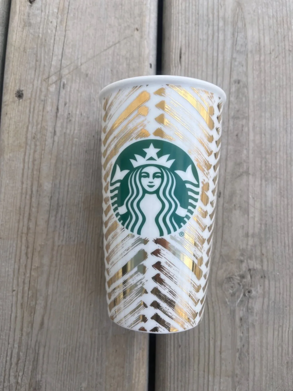 2015 Starbucks Gold Lid Gold Chevron Mermaid Ceramic Travel Tumbler Mug. - Picture 8 of 8